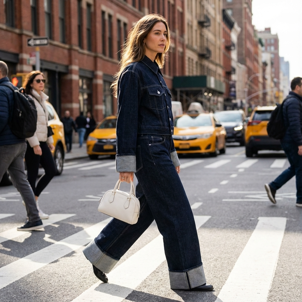Conjunto de denim para mujer Clara | Chaqueta corta, Jeans de pierna ancha