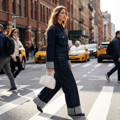Conjunto de denim para mujer Clara | Chaqueta corta, Jeans de pierna ancha