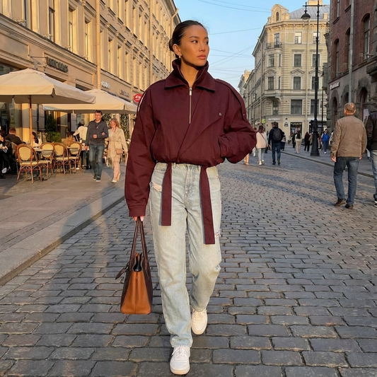 Chaqueta Bomber para Mujeres Mireya | Cuello Alto, Cintura con Cinta