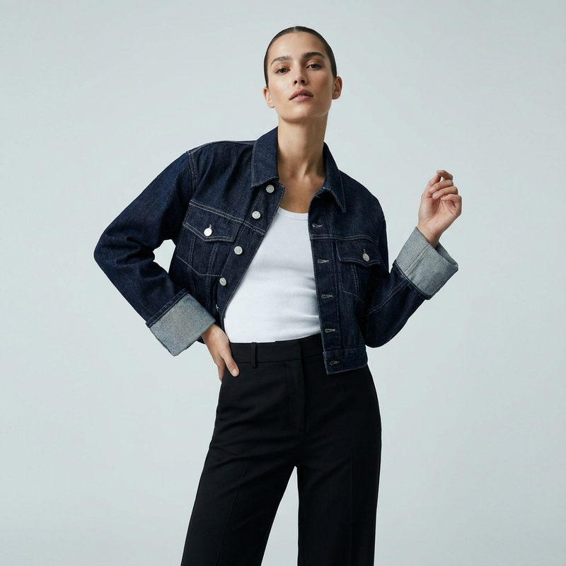 Conjunto de denim para mujer Clara | Chaqueta corta, Jeans de pierna ancha