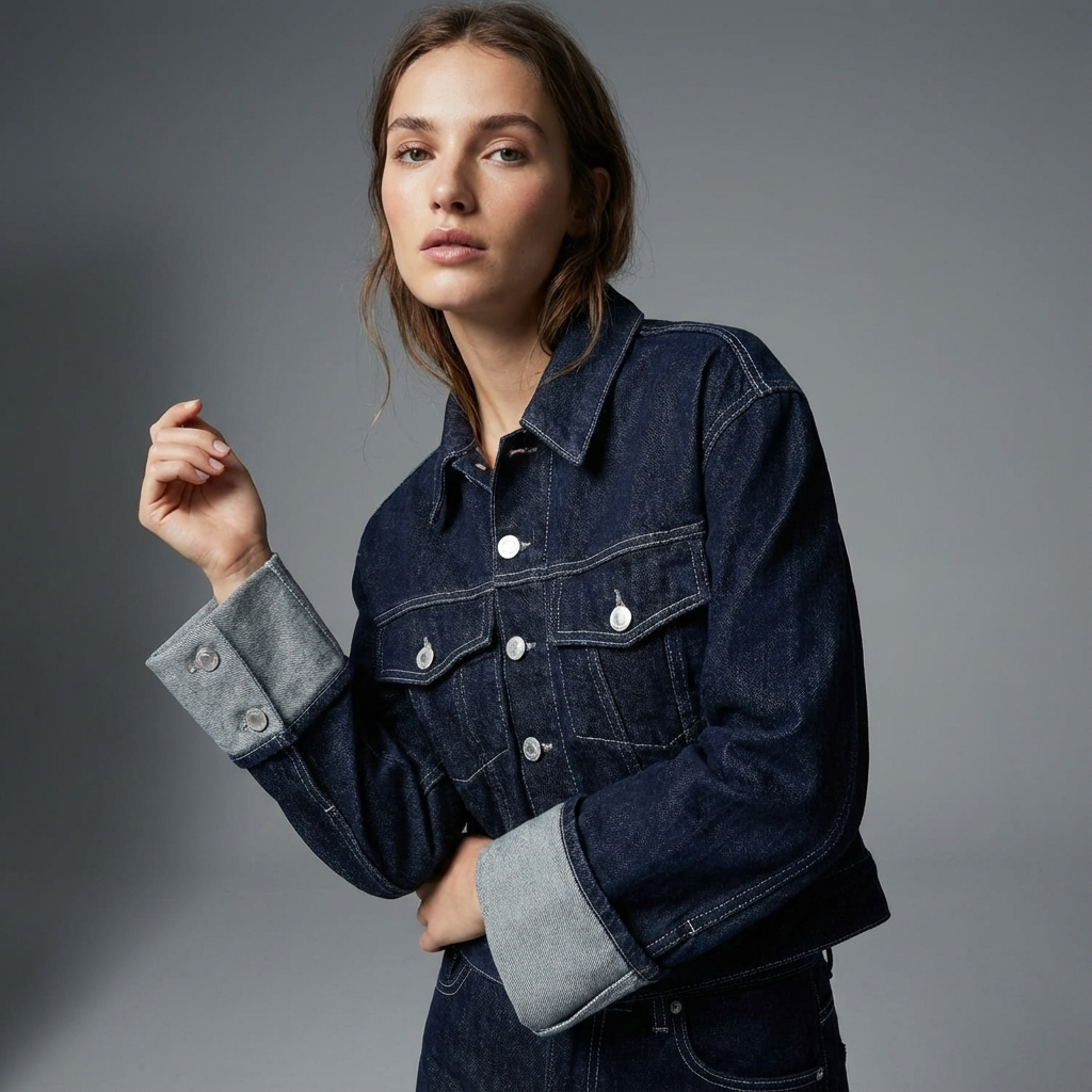 Conjunto de denim para mujer Clara | Chaqueta corta, Jeans de pierna ancha