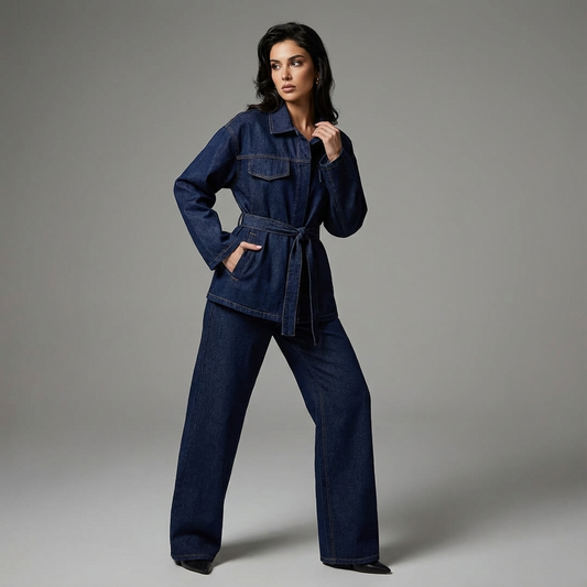 Conjunto de Denim para Mujeres Marisol | Chaqueta con Cinturón, Pantalones de Pierna Ancha