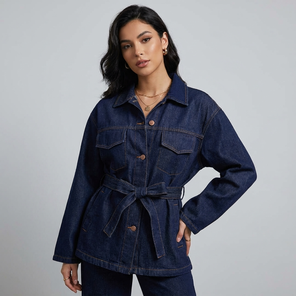 Conjunto de Denim para Mujeres Marisol | Chaqueta con Cinturón, Pantalones de Pierna Ancha