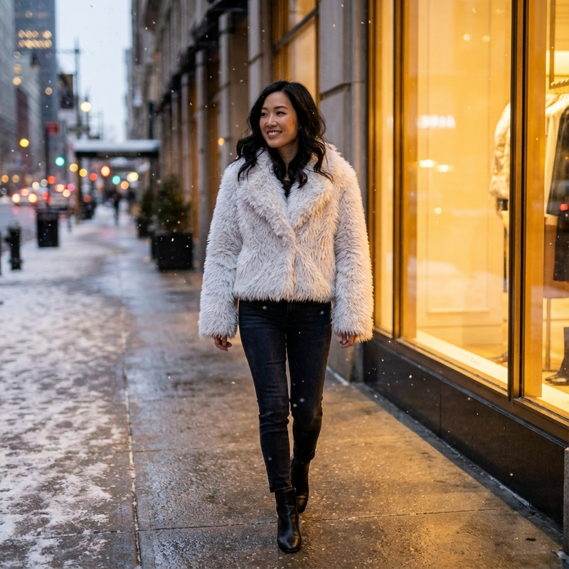 Grove Maris Women’s Faux Fur Jacket | Cropped Length, Wide Shawl Collar