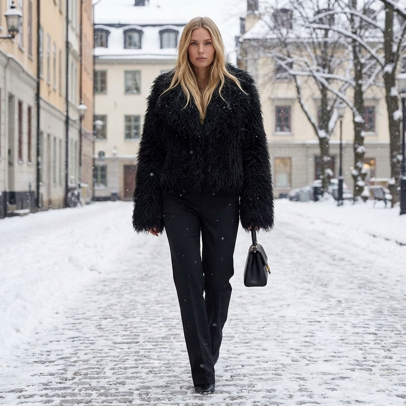 Grove Maris Women’s Faux Fur Jacket | Cropped Length, Wide Shawl Collar