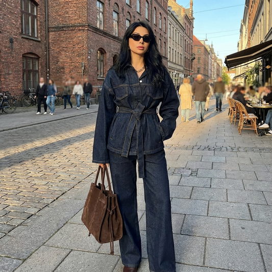 Conjunto de Denim para Mujeres Marisol | Chaqueta con Cinturón, Pantalones de Pierna Ancha