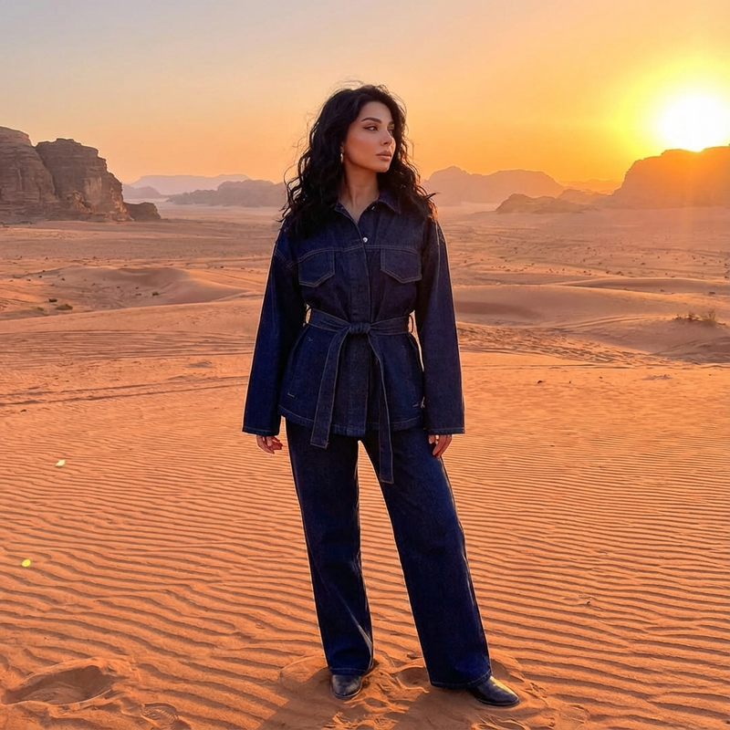 Conjunto de Denim para Mujeres Marisol | Chaqueta con Cinturón, Pantalones de Pierna Ancha