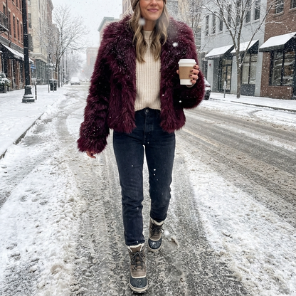 Grove Maris Women’s Faux Fur Jacket | Cropped Length, Wide Shawl Collar