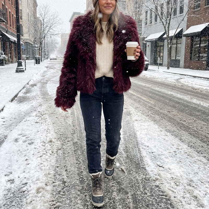 Grove Maris Women’s Faux Fur Jacket | Cropped Length, Wide Shawl Collar