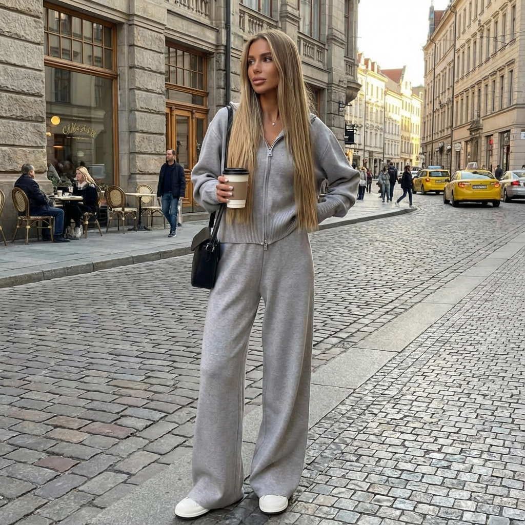 Conjunto de punto para mujer Elena | Chaqueta con cuello alzado, Pantalones plisados