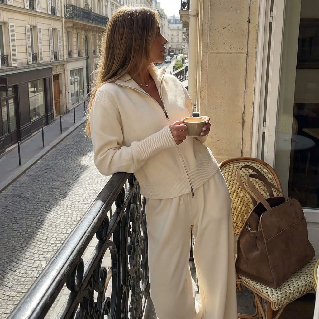 Conjunto de punto para mujer Elena | Chaqueta con cuello alzado, Pantalones plisados