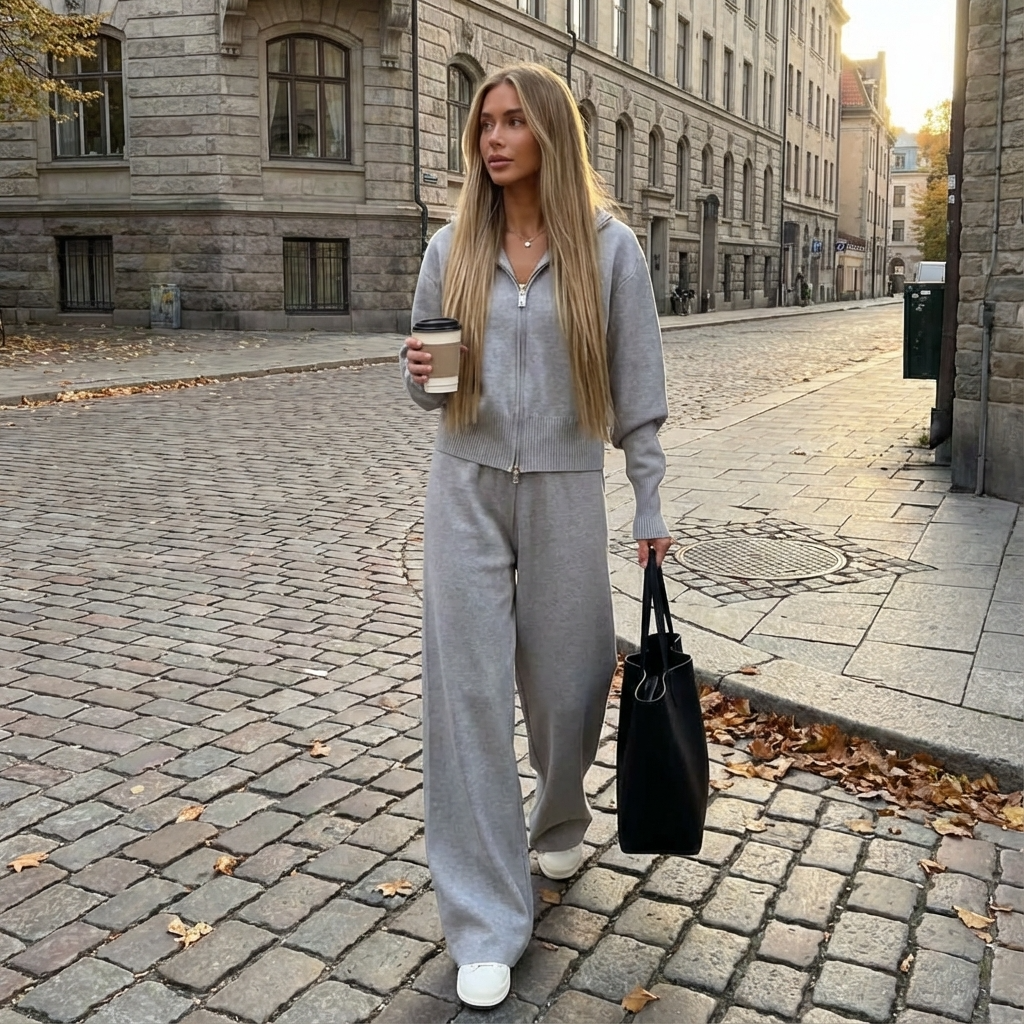 Conjunto de punto para mujer Elena | Chaqueta con cuello alzado, Pantalones plisados