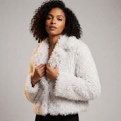 Grove Maris Women’s Faux Fur Jacket | Cropped Length, Wide Shawl Collar