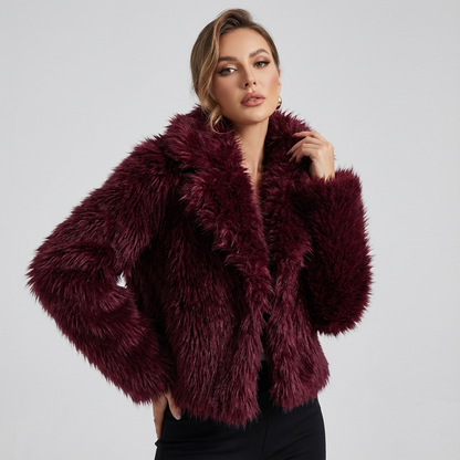 Grove Maris Women’s Faux Fur Jacket | Cropped Length, Wide Shawl Collar