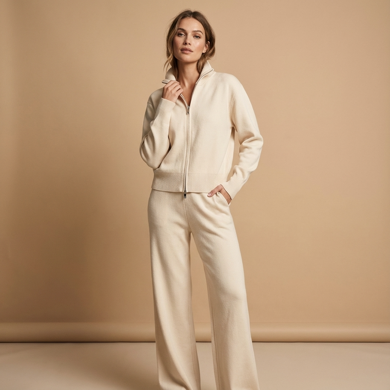 Conjunto de punto para mujer Elena | Chaqueta con cuello alzado, Pantalones plisados