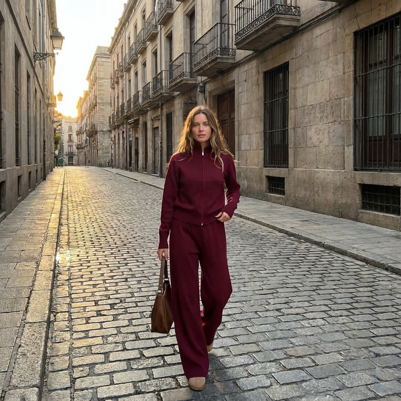 Conjunto de punto para mujer Elena | Chaqueta con cuello alzado, Pantalones plisados