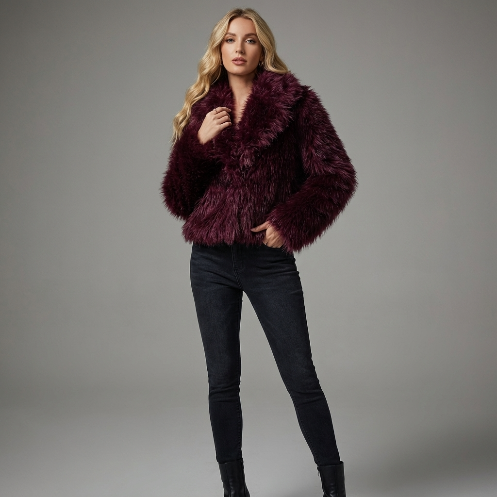 Grove Maris Women’s Faux Fur Jacket | Cropped Length, Wide Shawl Collar