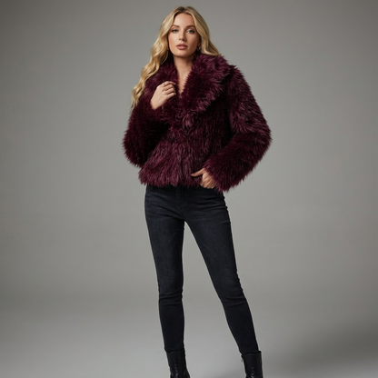 Grove Maris Women’s Faux Fur Jacket | Cropped Length, Wide Shawl Collar