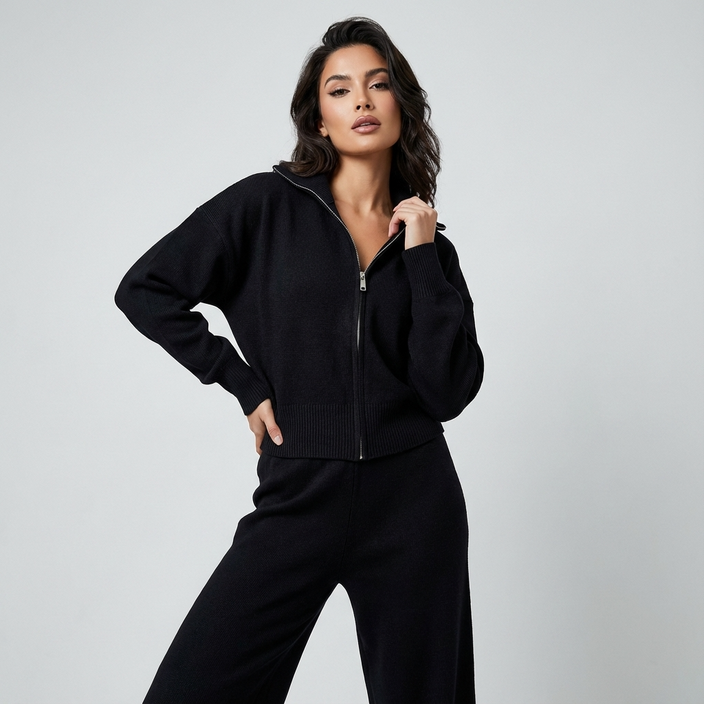 Conjunto de punto para mujer Elena | Chaqueta con cuello alzado, Pantalones plisados