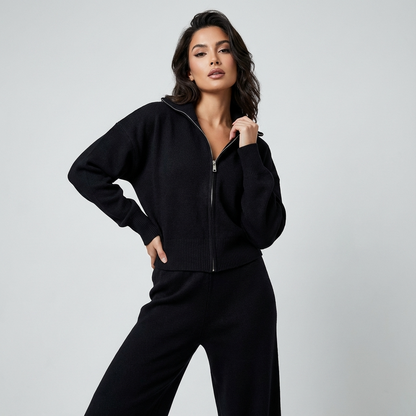 Conjunto de punto para mujer Elena | Chaqueta con cuello alzado, Pantalones plisados