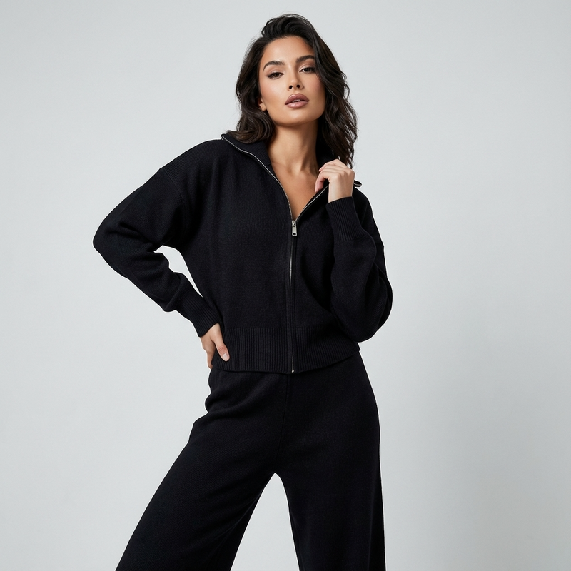 Conjunto de punto para mujer Elena | Chaqueta con cuello alzado, Pantalones plisados