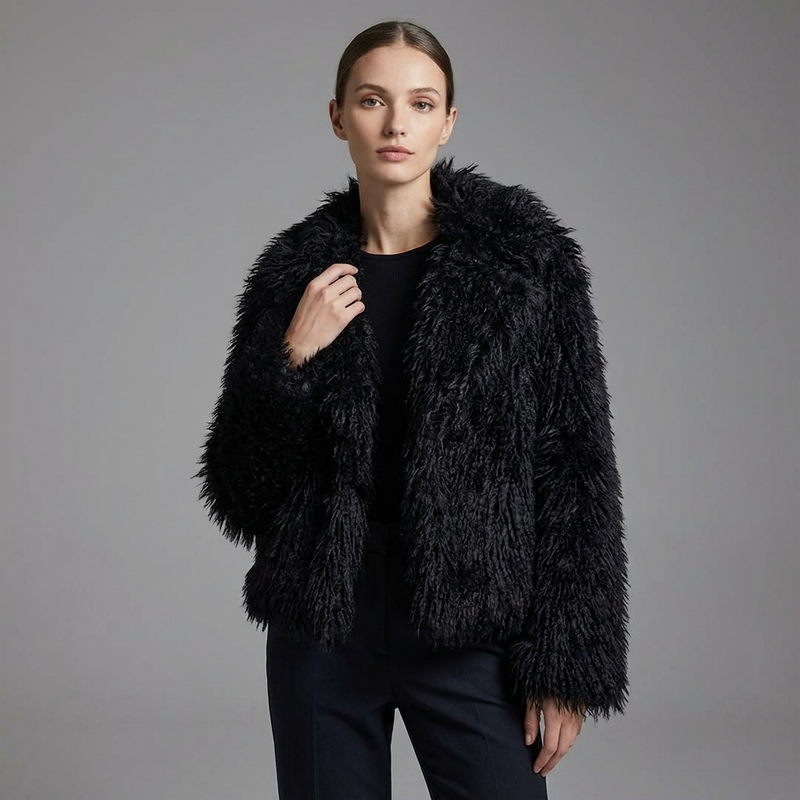 Grove Maris Women’s Faux Fur Jacket | Cropped Length, Wide Shawl Collar