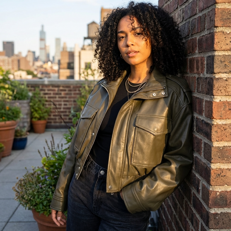Heath Amara Women’s Faux Leather Jacket | Stand Collar, Utility Pockets
