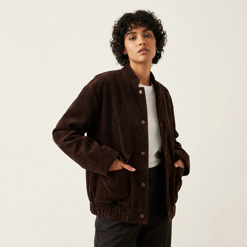 Quarry Maple Women's Corduroy Bomber Jacket | Rich Brown Corduroy, Snap Button Front