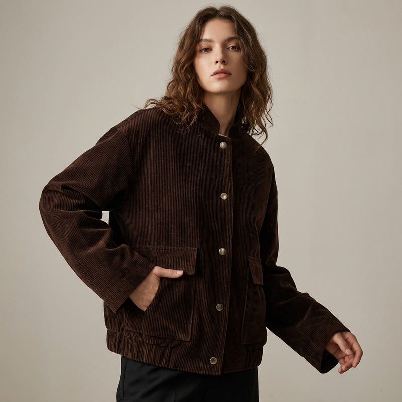 Quarry Maple Women's Corduroy Bomber Jacket | Rich Brown Corduroy, Snap Button Front