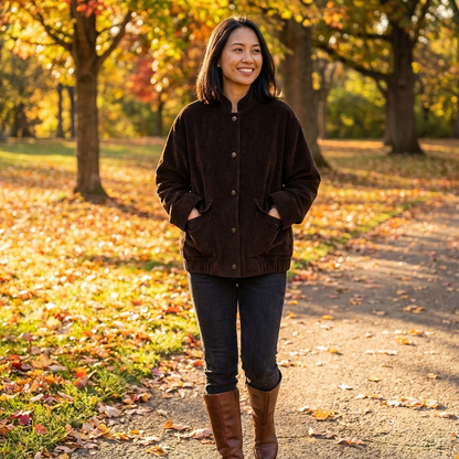 Quarry Maple Women's Corduroy Bomber Jacket | Rich Brown Corduroy, Snap Button Front