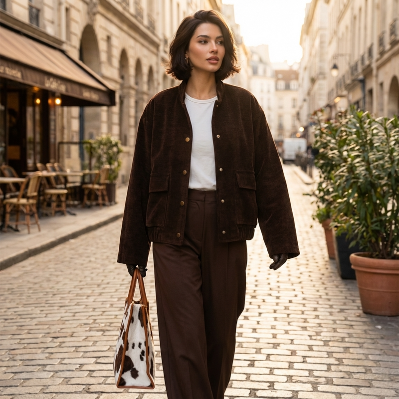 Quarry Maple Women's Corduroy Bomber Jacket | Rich Brown Corduroy, Snap Button Front