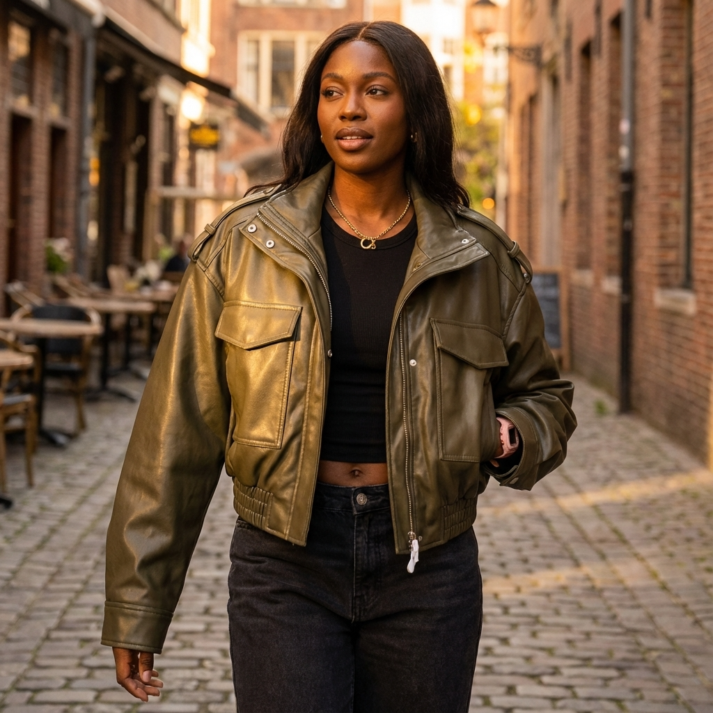 Heath Amara Women’s Faux Leather Jacket | Stand Collar, Utility Pockets