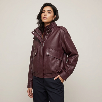 Chaqueta de Cuero con Cuello Alto para Mujeres Isla | Longitud Cortada, Bolsillos Utilitarios