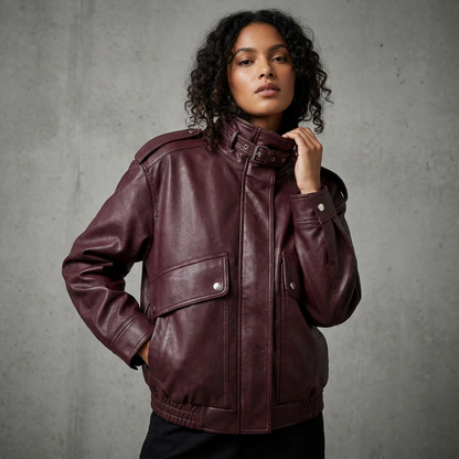 Chaqueta de Cuero con Cuello Alto para Mujeres Isla | Longitud Cortada, Bolsillos Utilitarios