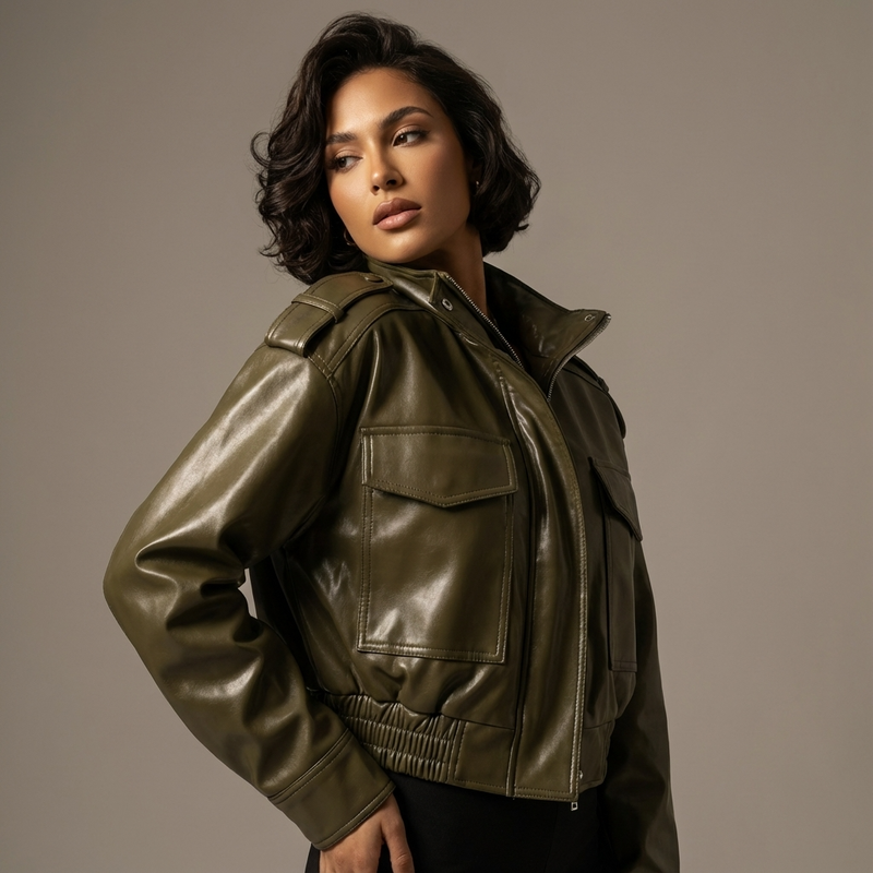 Heath Amara Women’s Faux Leather Jacket | Stand Collar, Utility Pockets