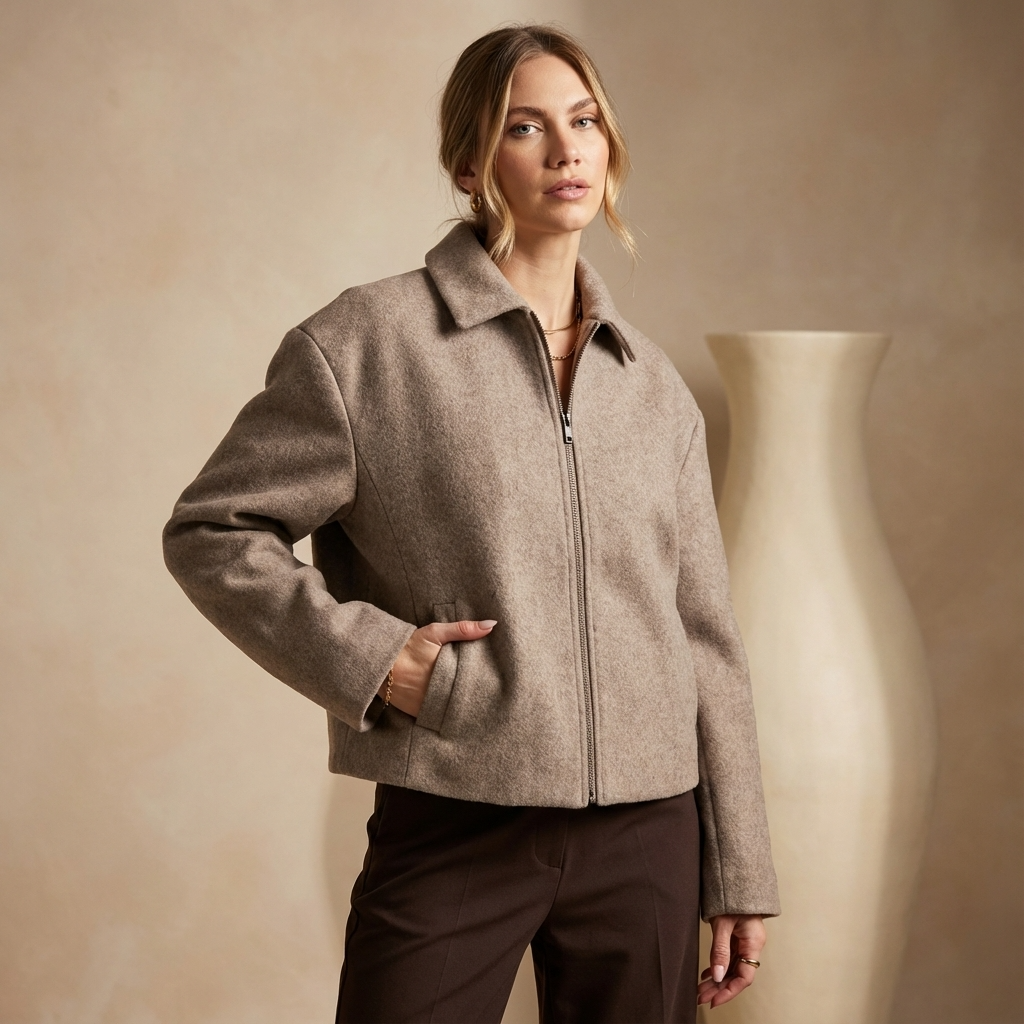 Chaqueta con Cremallera para Mujeres Maren | Tejido Mezcla de Lana, Cuello Abierto