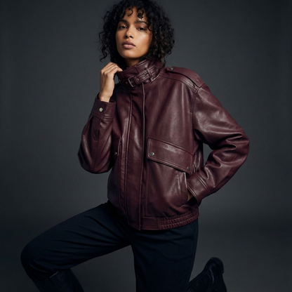 Chaqueta de Cuero con Cuello Alto para Mujeres Isla | Longitud Cortada, Bolsillos Utilitarios