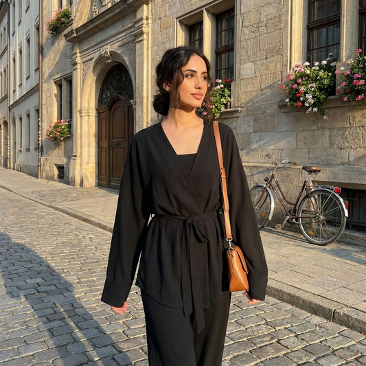 Ensemble tricoté Ariana pour femme | Cardigan ceinturé, pantalon à jambes larges