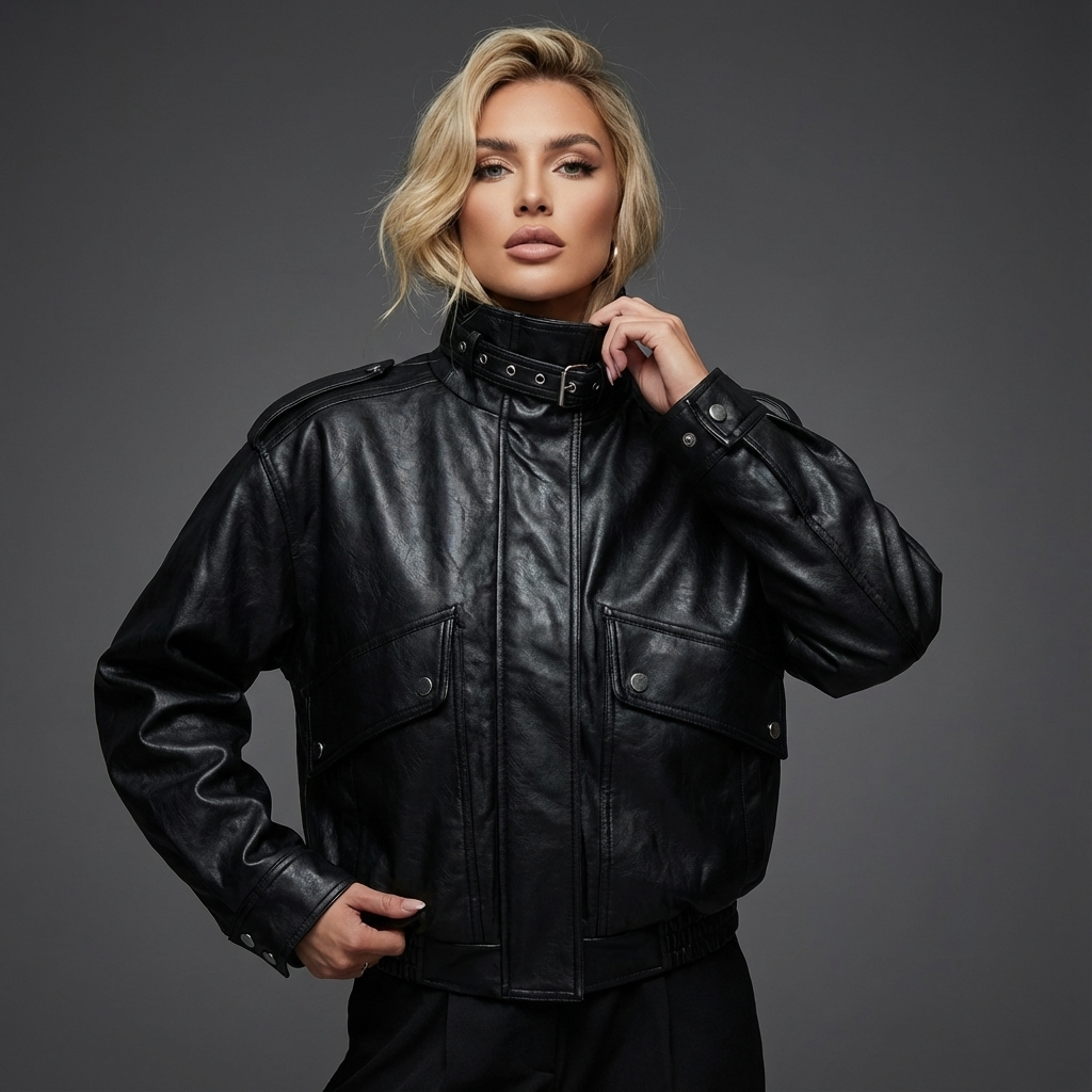 Chaqueta de Cuero con Cuello Alto para Mujeres Isla | Longitud Cortada, Bolsillos Utilitarios