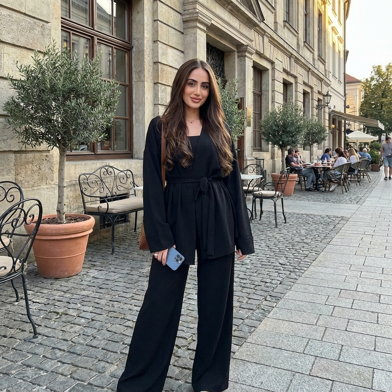 Conjunto de Punto para Mujeres Ariana | Cárdigan con Cinturón, Pantalones de Pierna Ancha