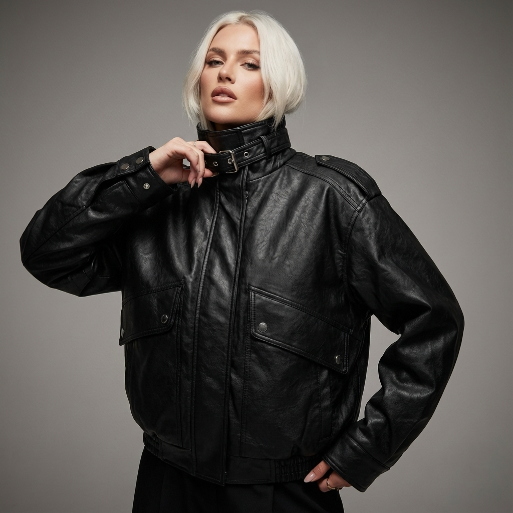 Chaqueta de Cuero con Cuello Alto para Mujeres Isla | Longitud Cortada, Bolsillos Utilitarios