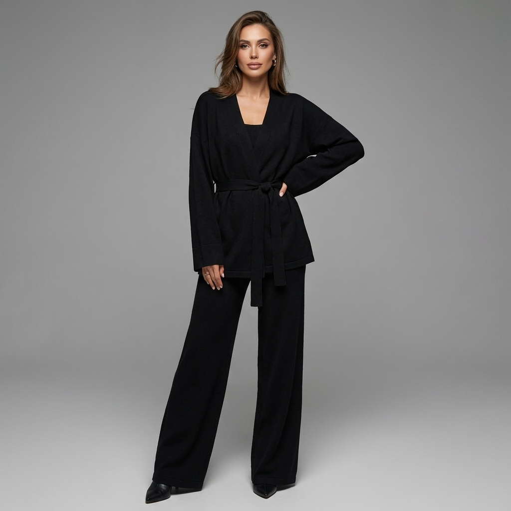 Conjunto de Punto para Mujeres Ariana | Cárdigan con Cinturón, Pantalones de Pierna Ancha