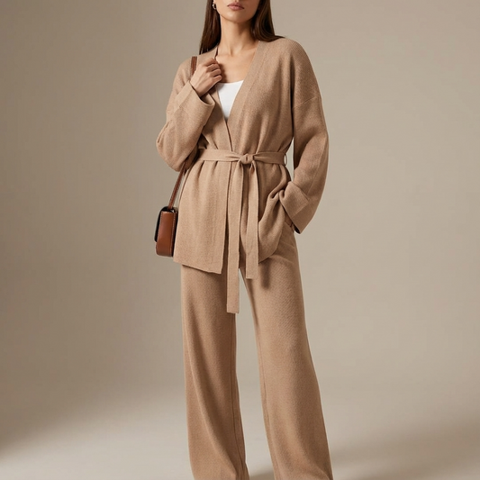 Ensemble tricoté Ariana pour femme | Cardigan ceinturé, pantalon à jambes larges