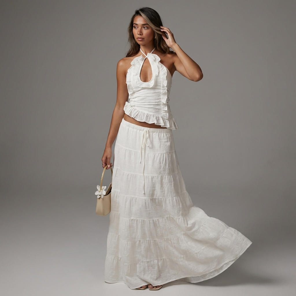 Conjunto de falda de dos piezas para mujer Elara | Cuello halter, Con volantes