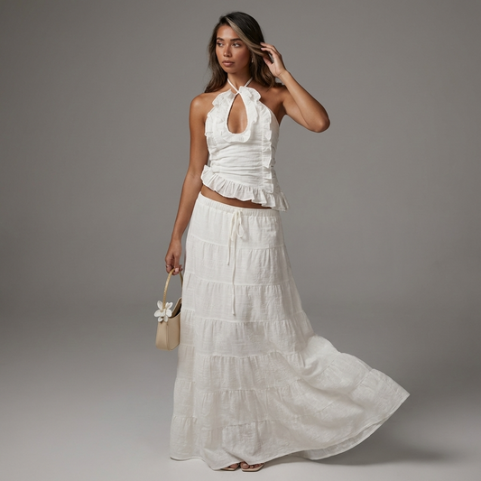 Conjunto de falda de dos piezas para mujer Elara | Cuello halter, Con volantes