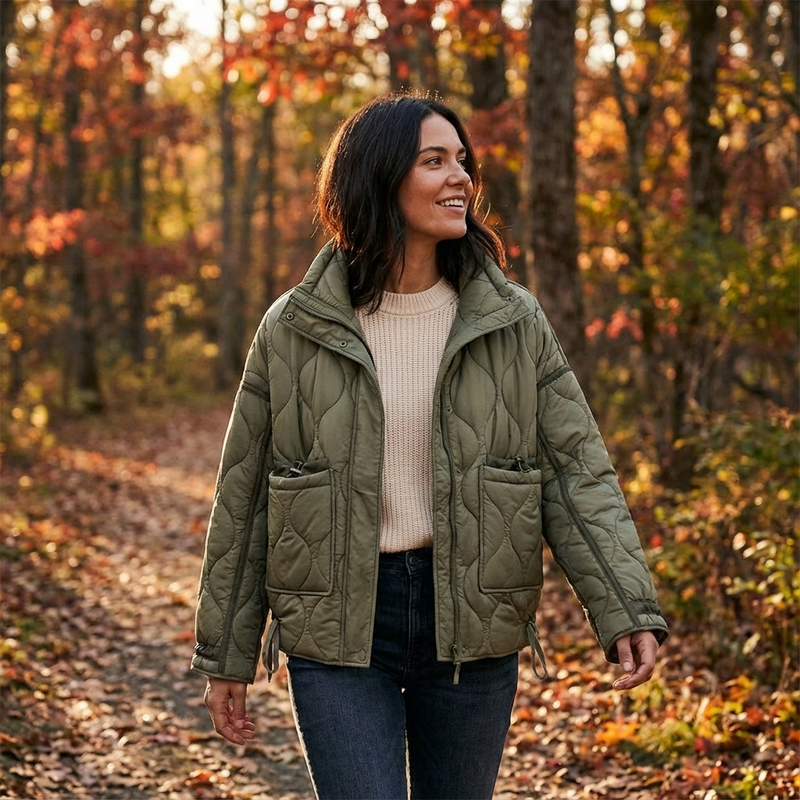 Chaqueta Acolchada con Cuello Alto para Mujeres Aria | Cierre Frontal con Cremallera, Bolsillos de Parche