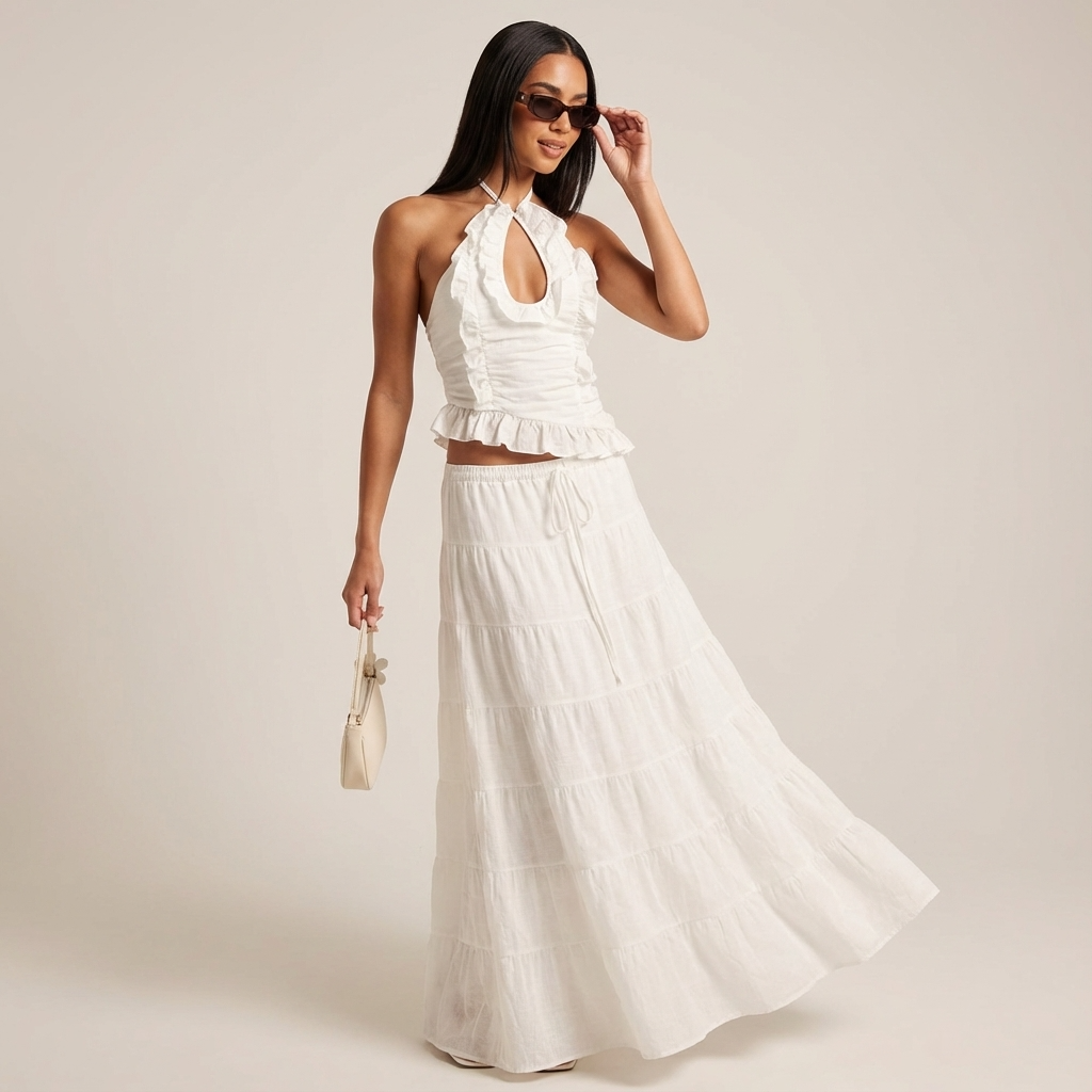 Conjunto de falda de dos piezas para mujer Elara | Cuello halter, Con volantes