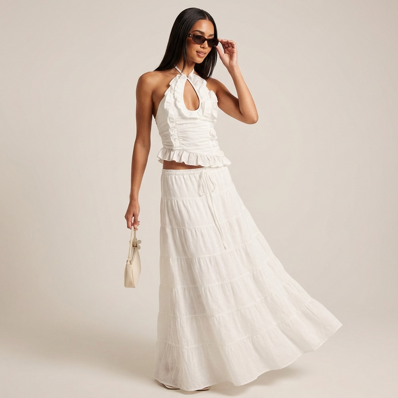 Conjunto de falda de dos piezas para mujer Elara | Cuello halter, Con volantes
