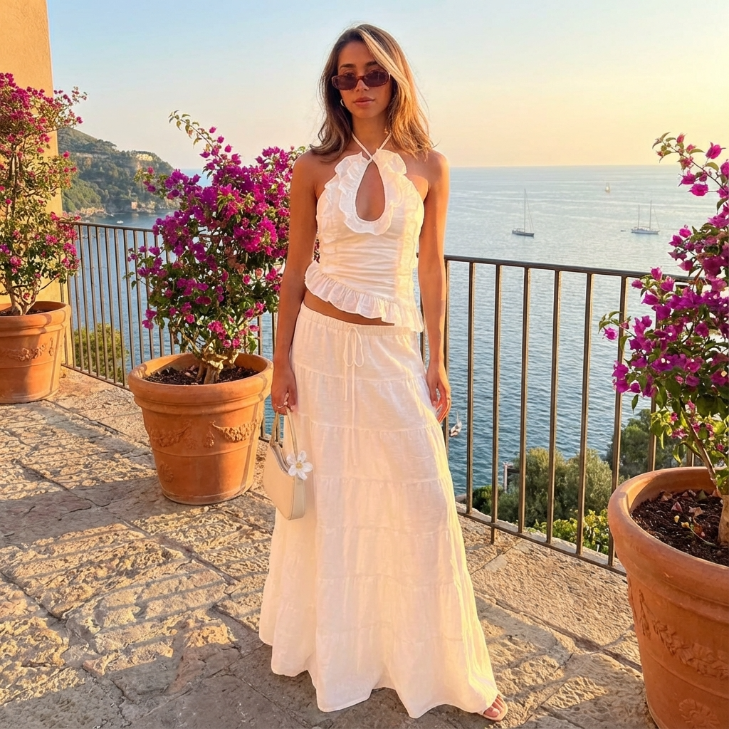 Conjunto de falda de dos piezas para mujer Elara | Cuello halter, Con volantes