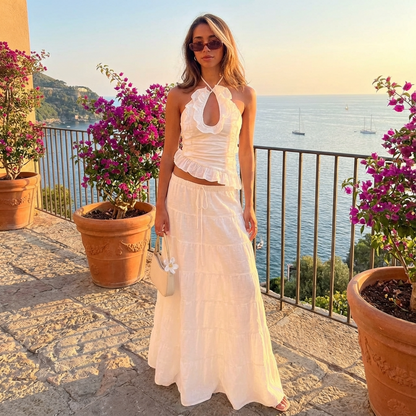 Conjunto de falda de dos piezas para mujer Elara | Cuello halter, Con volantes